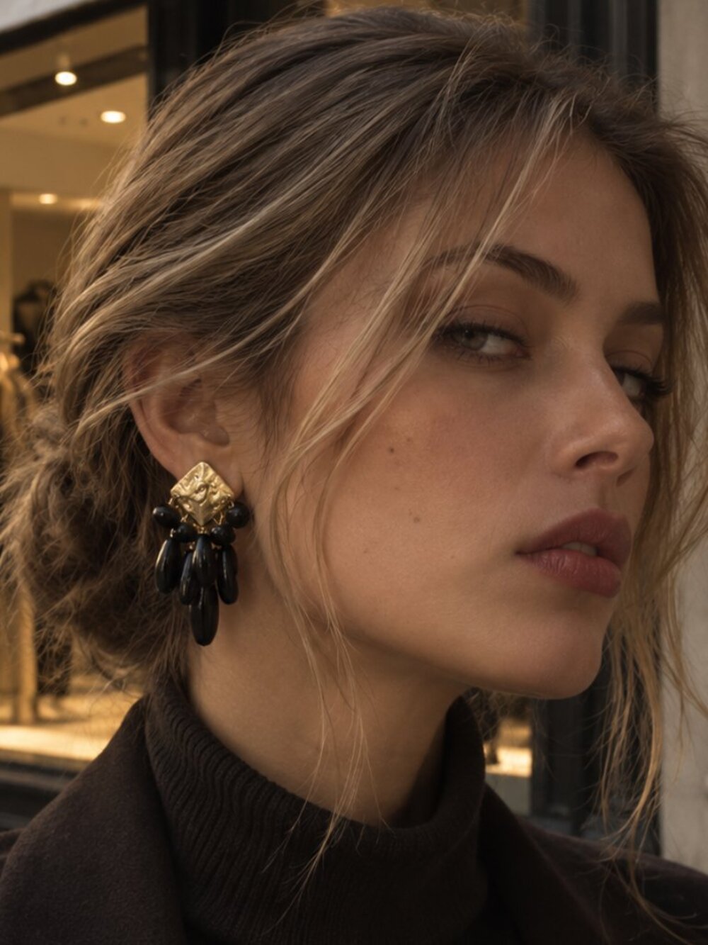 Black Beaded Chandelier Earrings Gold Tone Statement Dangle Earrings